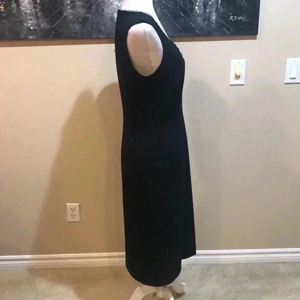 Tahari Sheer Outlined V-Neck Sheath Dress with Side Zipper and Back Slit-Size 6